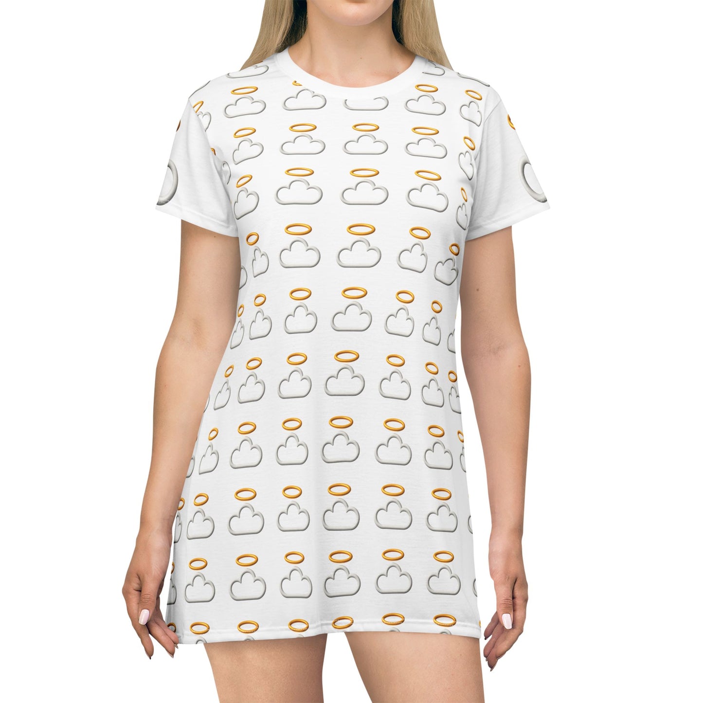 Heavenly Cloud T-Shirt Dress, Casual Wear, Summer Dress, Lounge Dress, Fun Gift, Cloud Print Clothing